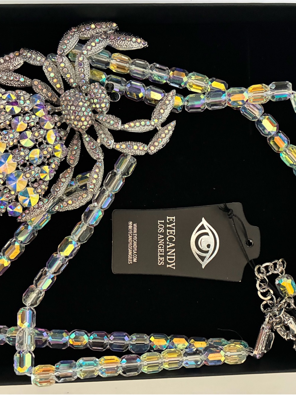 Eye Candy Iridescent Crystal Spider Pendant Necklace - Silver Tone - Picture 3 of 3